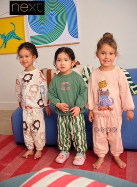 英国Next正品女童粉绿色碎花卡通猫咪家居服睡衣裤秋衣棉F31-891