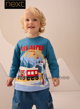 英国Next男童蓝色阿尔卑斯雪山火车刺绣纯棉长袖T恤1-7岁F86-548