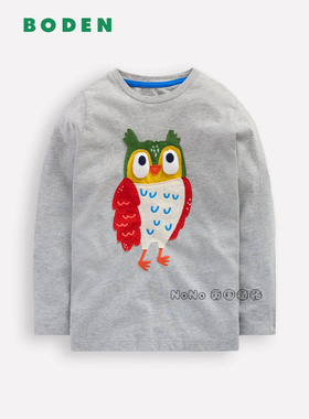 代购英国Mini BODEN男童灰色猫头鹰贴布长袖T恤纯棉2-8岁B3111
