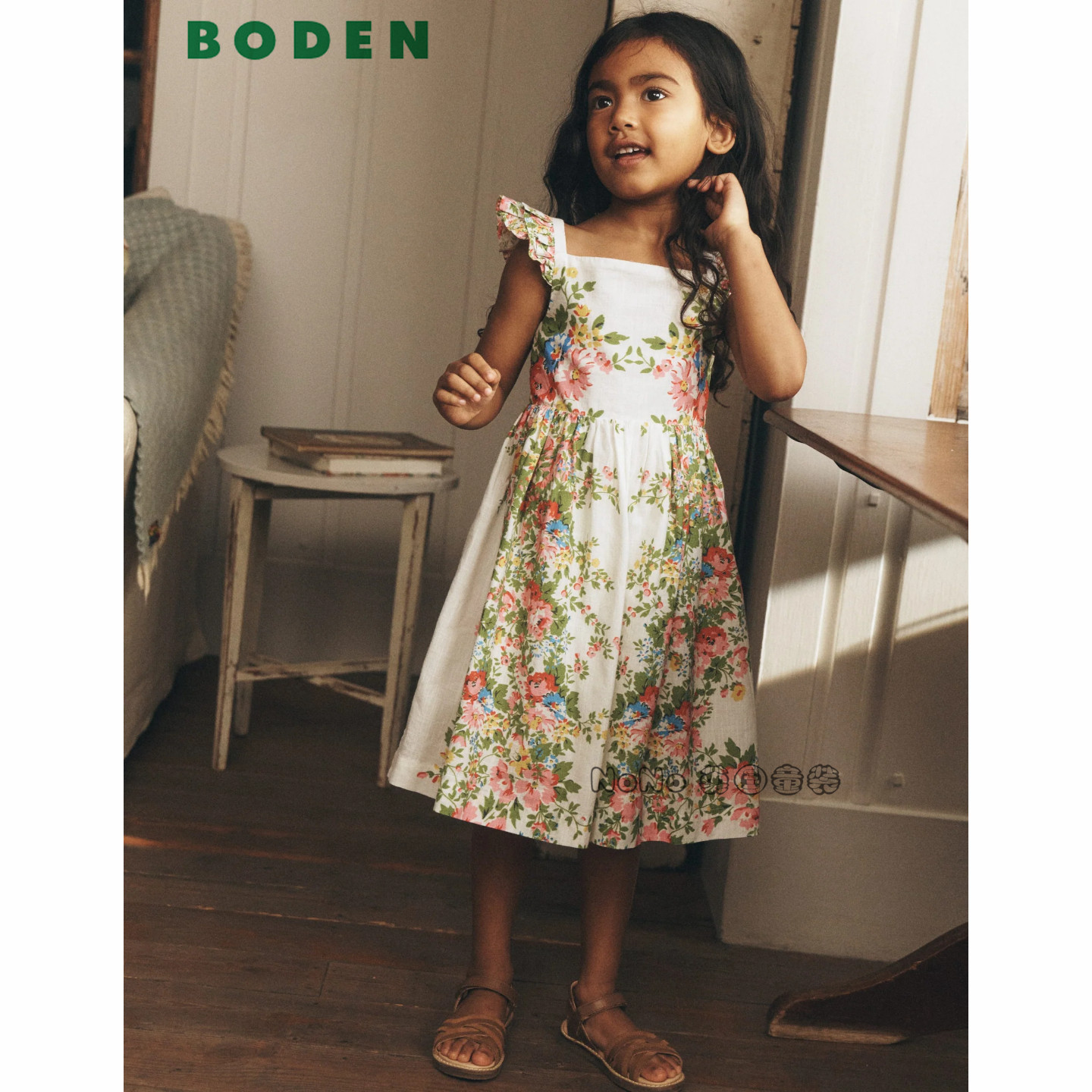 代购英国Mini Boden女童白色花朵礼服连衣裙全棉2-12岁新款G5913