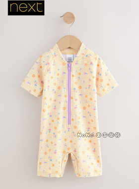 英国Next正品代购女童黄色格子小碎花连体泳衣拉链短袖W64-411