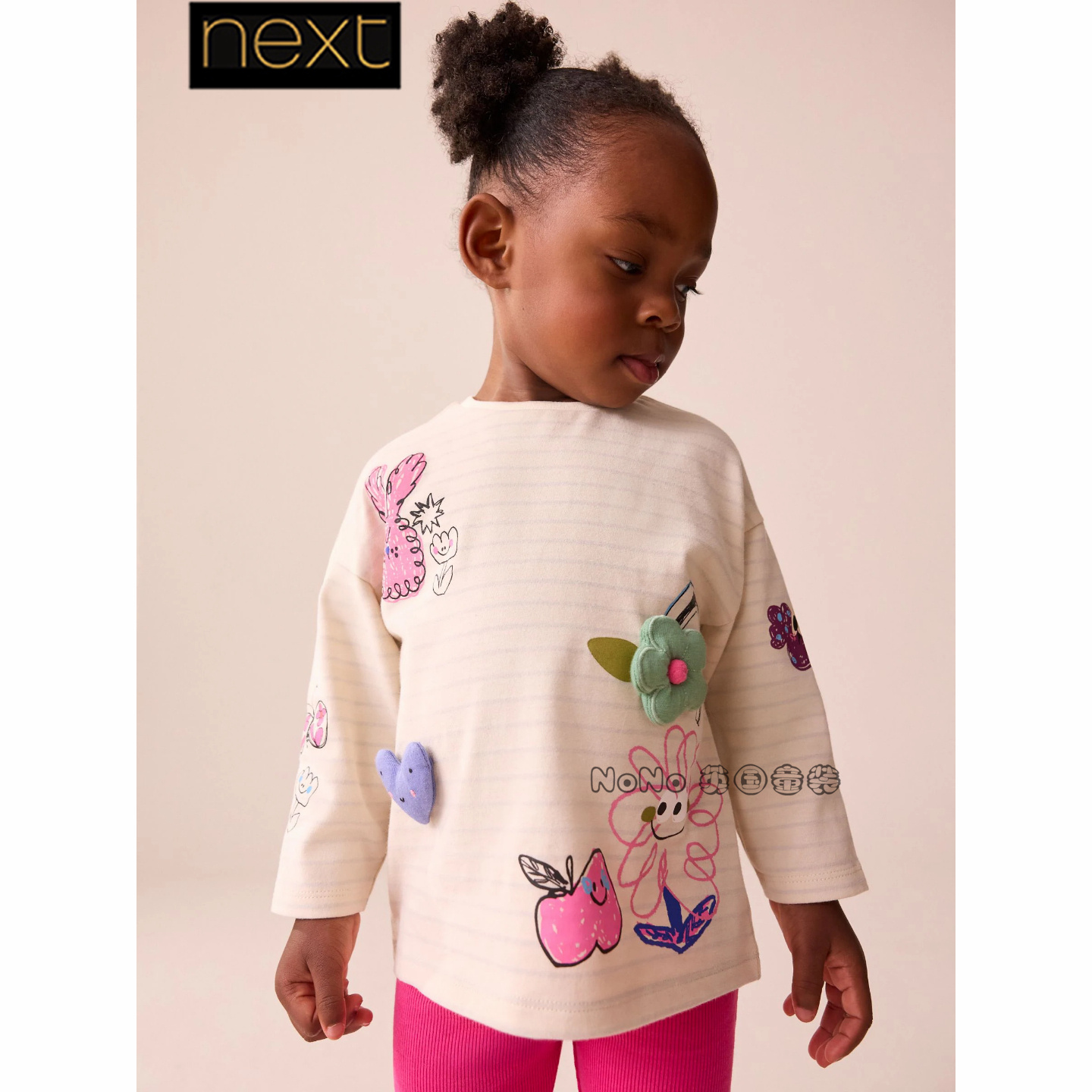 英国Next代购女童白色花朵涂鸦3D立体长袖T恤衫纯棉1-7岁F79-834