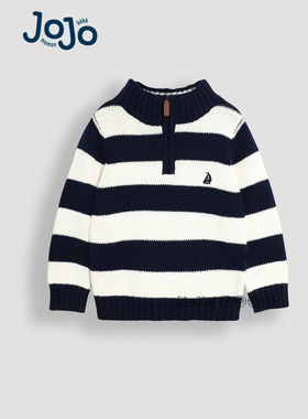 英国JoJo Maman Bebe儿童蓝白色条纹毛衣针织衫1-9岁拉链W36-134