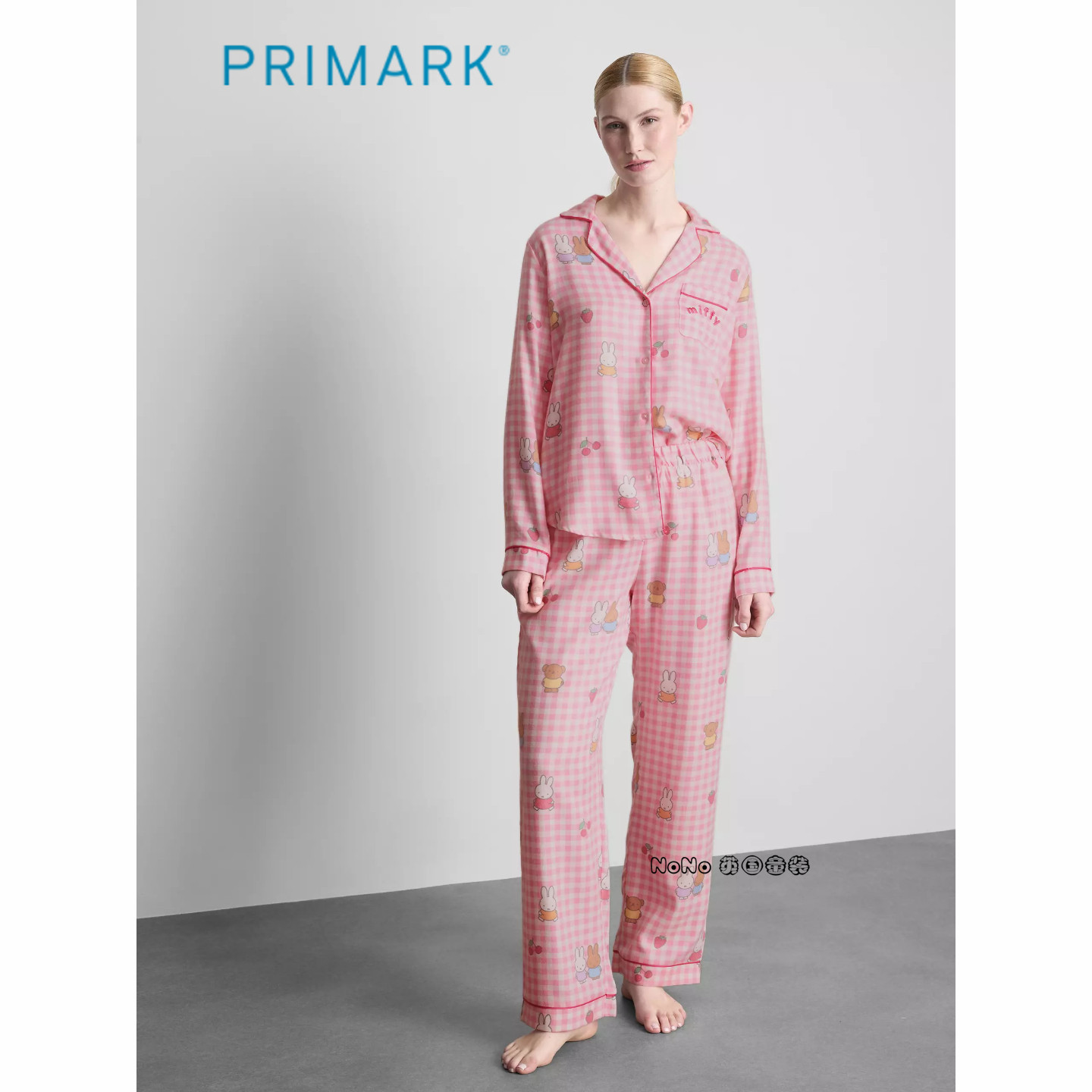 英国Primark女款成人大童粉色格子米菲兔长袖家居服睡衣长裤新款