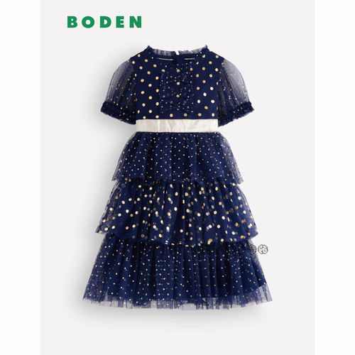 英国Mini Boden女童蓝色烫金礼服生日演出连衣裙2-12岁新款G6140