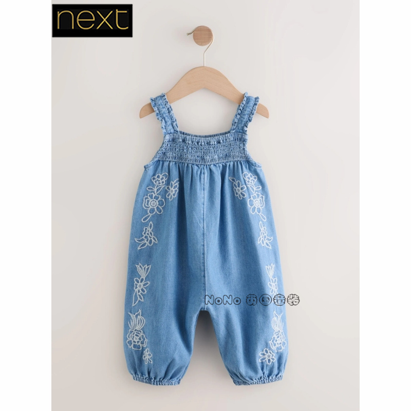 Next英国正品代购女童蓝色牛仔刺绣连身裤体裤连身衣打揽E79-578