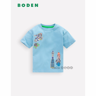 英国Mini BODEN男童蓝色宇航员火箭刺绣短袖T恤全棉2-12岁B3154
