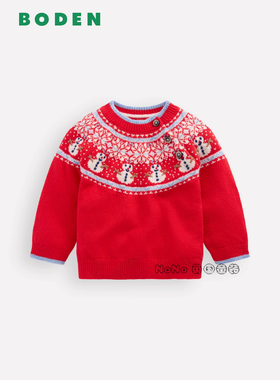代购英国Mini BODEN婴童红色雪人毛衣针织衫羊毛费尔岛0-3岁Y2726