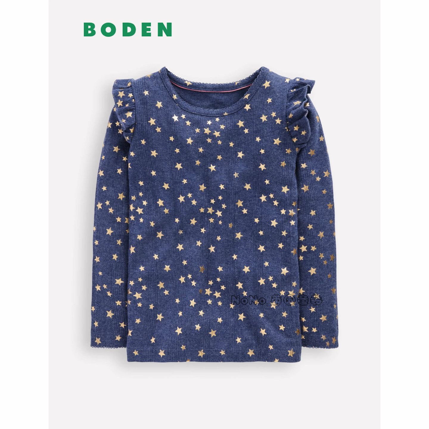 代购英国Mini BODEN女童深蓝色金星星荷叶长袖T恤纯棉2-12岁G5655