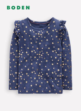 代购英国Mini BODEN女童深蓝色金星星荷叶长袖T恤棉2-12岁G5655