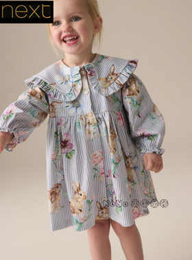 英国Next正品代购女中童蓝色邦尼兔花朵大翻领长袖连衣裙E54-822
