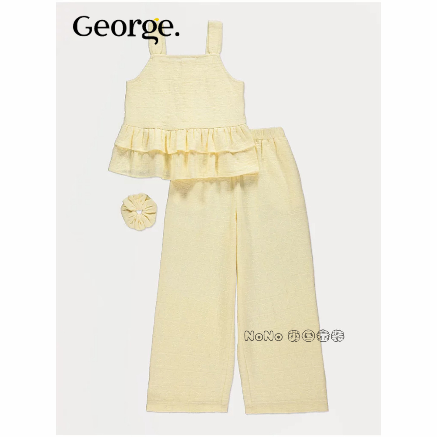 英国乔治George女童浅黄色刺绣吊带T恤衬衫长裤全棉套装1402999