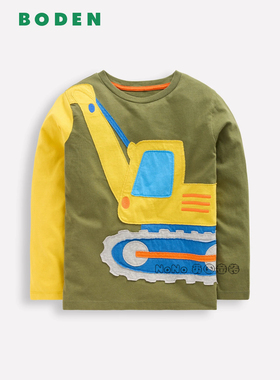 代购英国Mini BODEN男童黄绿色挖掘机贴布长袖T恤纯棉2-8岁B3110