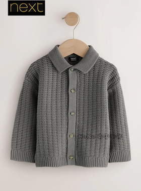 英国Next正品代购男童深灰色开衫POLO针织衫毛衣翻领1-7岁F02-900