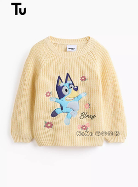 英国TU正品代购女童黄色布鲁伊刺绣花朵BLUEY毛衣针织衫纯棉套头