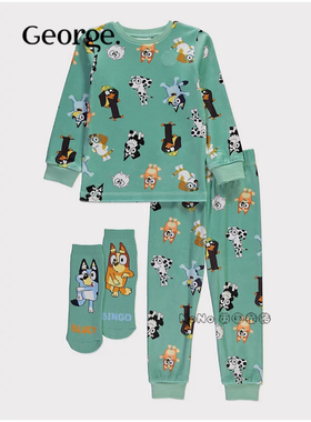 现货英国乔治George男童绿色布鲁伊长袖家居服睡衣裤袜子套装