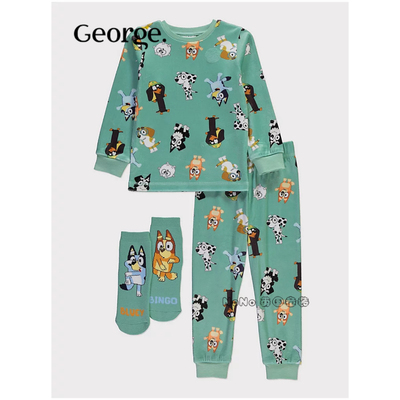 现货英国乔治George男童绿色布鲁伊长袖家居服睡衣裤袜子套装