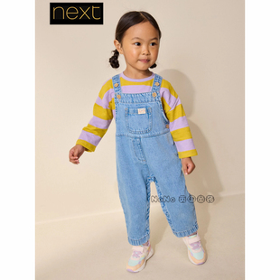 Next英国代购女童浅蓝色牛仔背带裤长裤全棉1-7岁新款H52-083