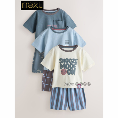 英国Next正品男童蓝白色条纹家居服短袖睡衣裤1-12岁全棉G66-302