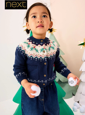 英国Next正品代购女童蓝色圣诞刺绣开襟毛衣针织衫1-7岁F60-000