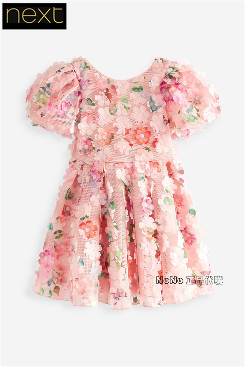 英国Next正品代购女童粉色立体花朵花连衣裙短袖礼服裙D65-097