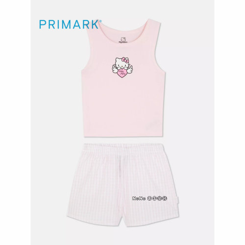 现货英国Primark女款成人大童粉色KITTY背心家居服睡衣短裤纯棉