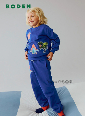 英国Mini Boden男童蓝色恐龙刺绣卫衣运动衫长裤全棉2-10岁B3161