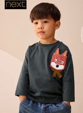 英国Next男童灰色狐狸刺绣口袋纯棉长袖T恤衫圆领1-7岁F86-551