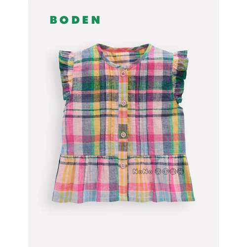 代购英国Mini BODEN女童粉绿色格子短袖T恤衫全棉2-14岁新款G5905
