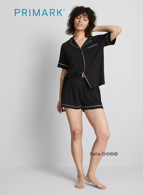 代购英国Primark女款成人大童黑色开衫短袖家居服短睡衣裤柔软