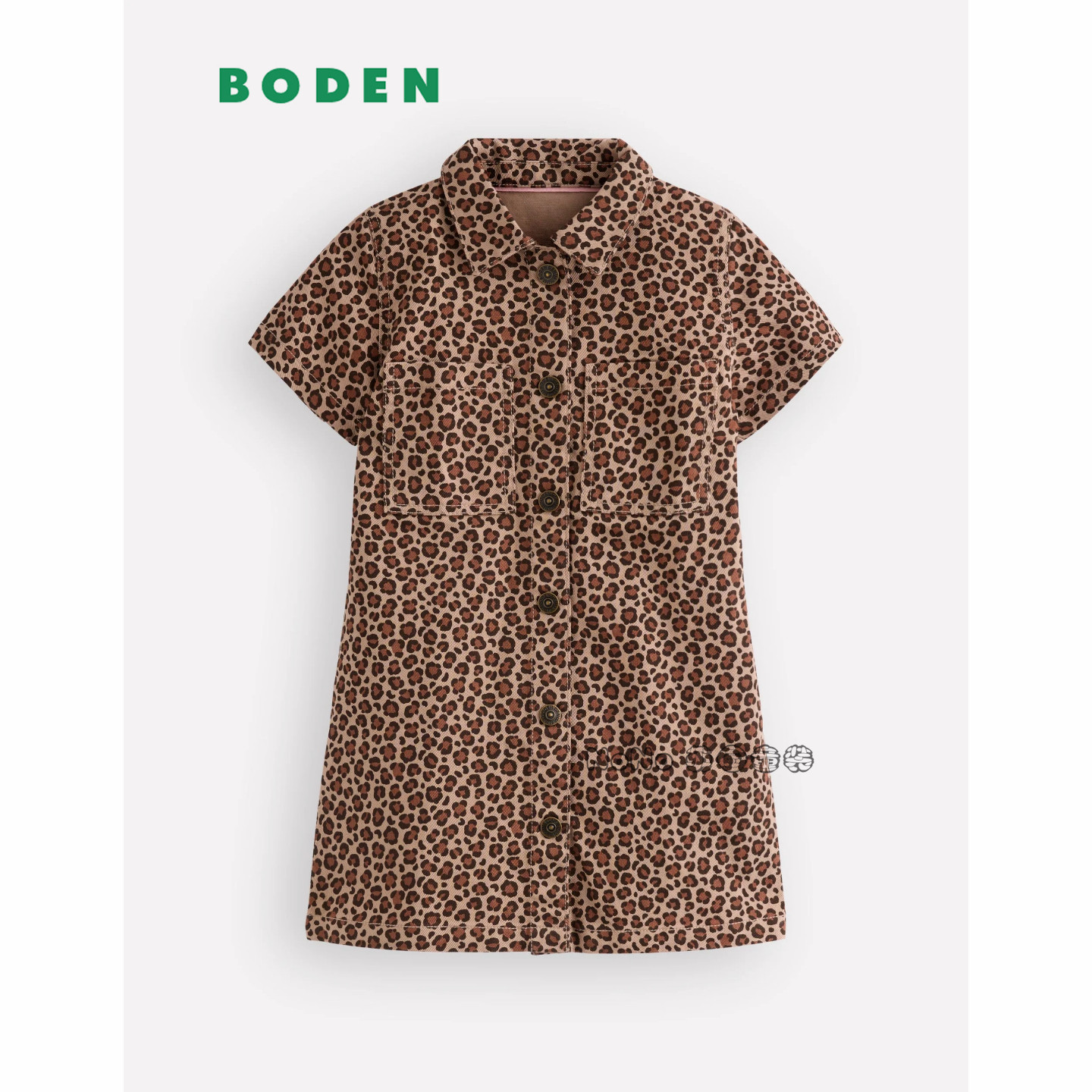 英国Mini Boden女童豹纹印花牛仔全棉短袖连衣裙2-12岁新款G5934