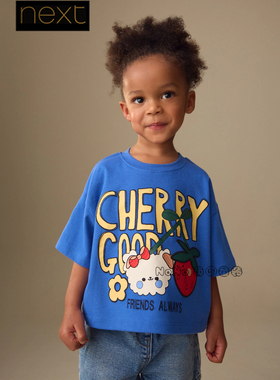 英国Next代购女童蓝色樱桃草莓刺绣短袖T恤圆领全棉1-7岁H74-778