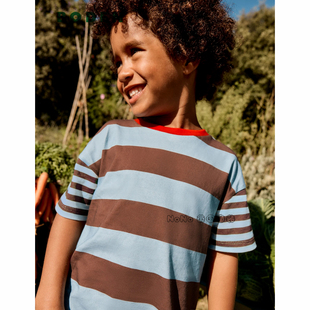 代购英国Mini BODEN男童蓝棕色条纹圆领短袖T恤全棉2-14岁B3160