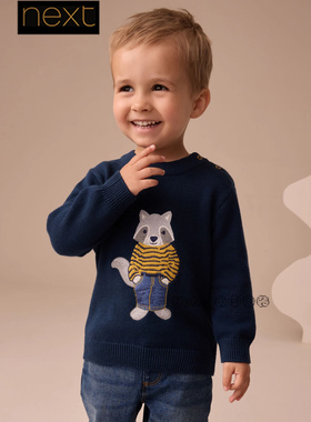 英国Next正品代购男童浣熊卡通深蓝色针织衫毛衣圆领1-7岁AY8-424