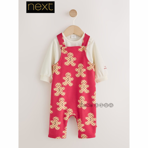 英国Next婴儿红色圣诞姜饼人长袖包屁衣背带裤连身套装G31-500