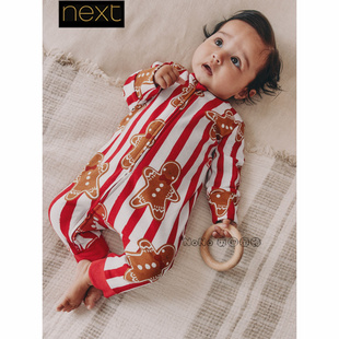 现货英国Next婴儿红色条圣诞姜饼人连体睡衣长爬纯棉睡袋F40 067