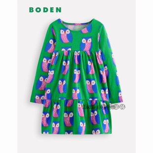英国Mini Boden女童新款绿色猫头鹰长袖连衣裙纯棉2-12岁G5500