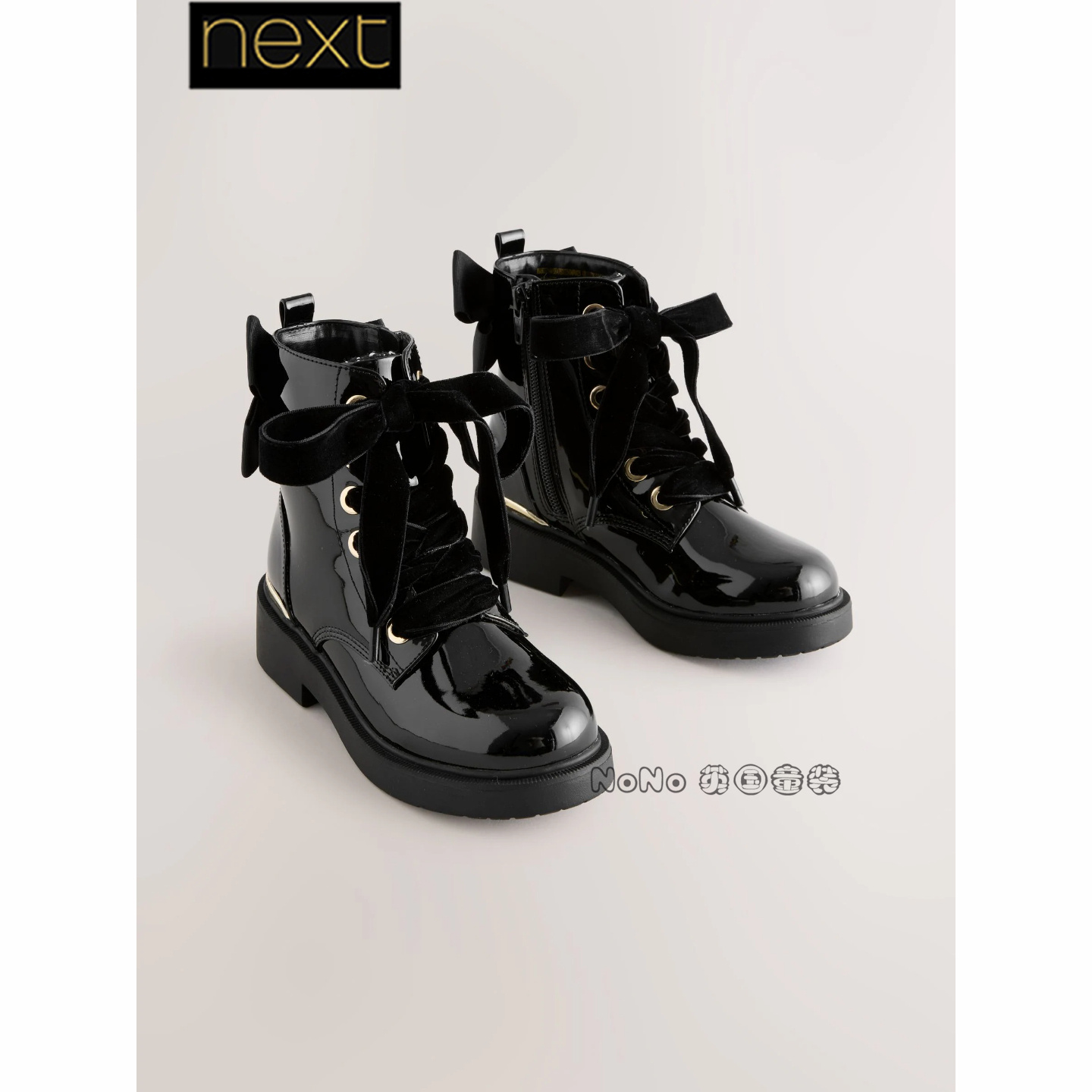 代购NEXT英国女大童春秋黑色漆皮蝴蝶结靴子中筒马丁靴AM8-627