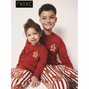 850 16岁F73 英国Next大童亲子兄妹红色圣诞姜饼人家居服睡衣裤