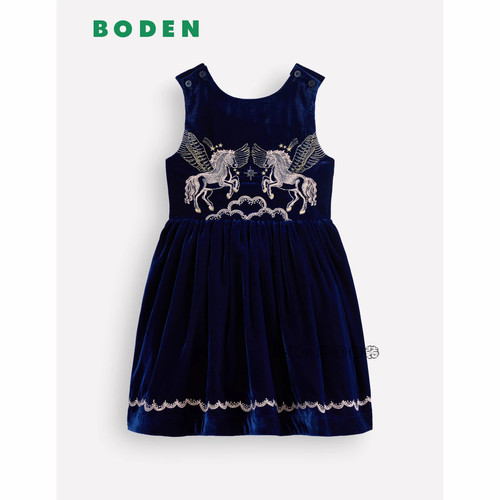 英国Mini Boden女童午夜蓝色丝绒飞马刺绣连衣裙2-12岁新款G6168