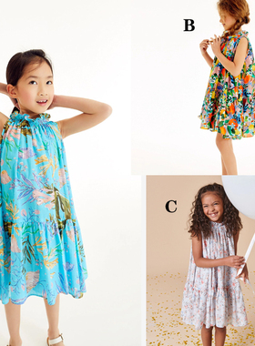 Next英国正品女大童可亲子蓝色碎花黄色水果连衣裙纯棉A64-591