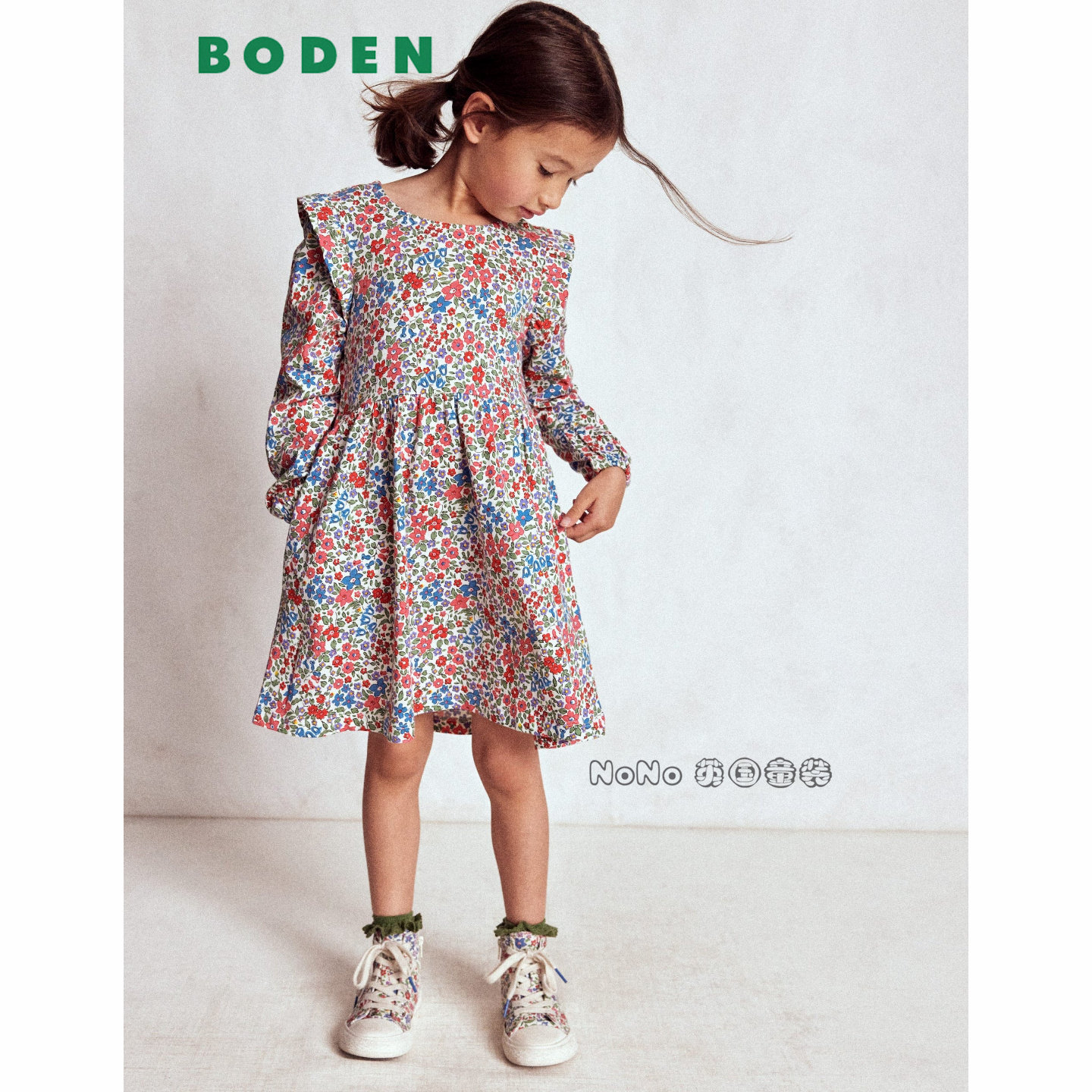 英国Mini Boden正品女童25新款粉红色小碎花荷叶边长袖连衣裙纯棉