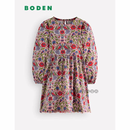 英国Mini Boden女童花藤碎花孔雀长袖连衣裙全棉2-12岁新款G6174