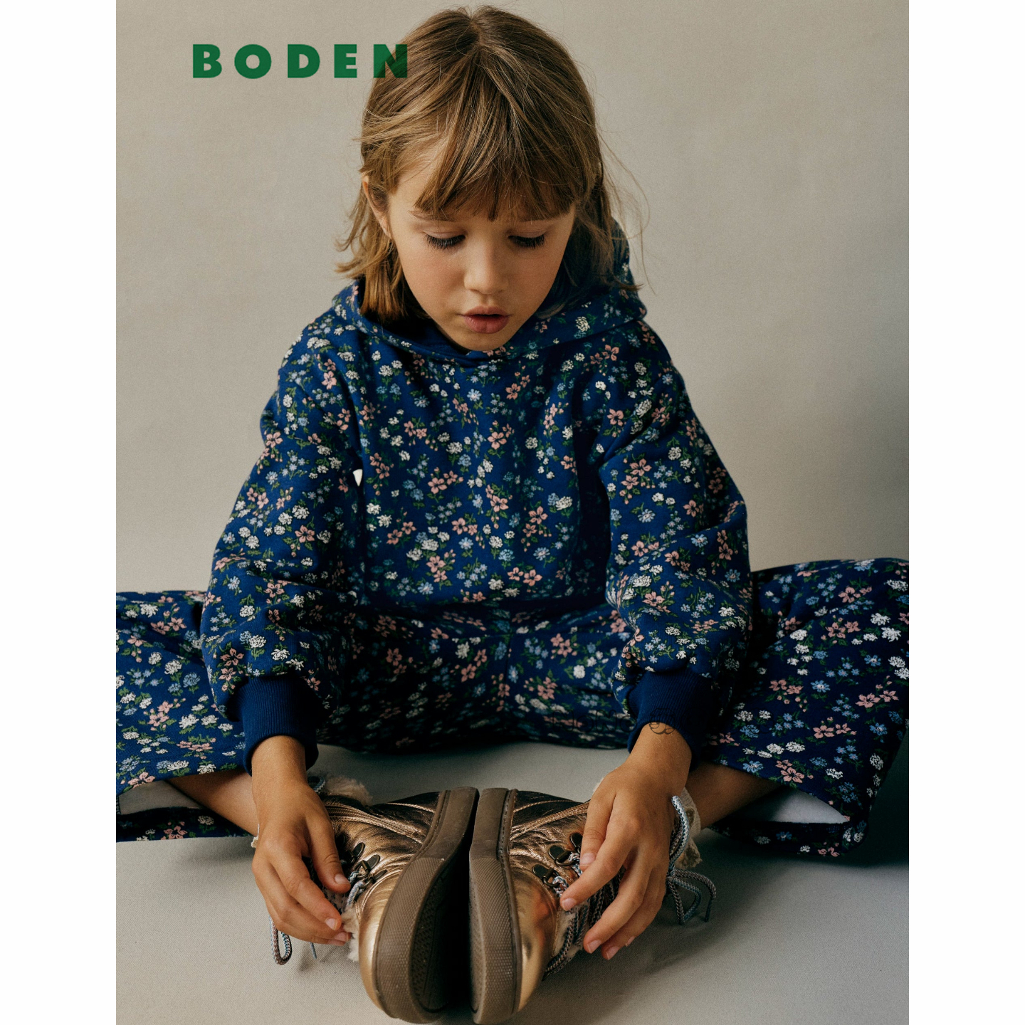 英国Mini Boden女童藏青色碎花卫衣衫运动阔腿长裤2-14岁G5653