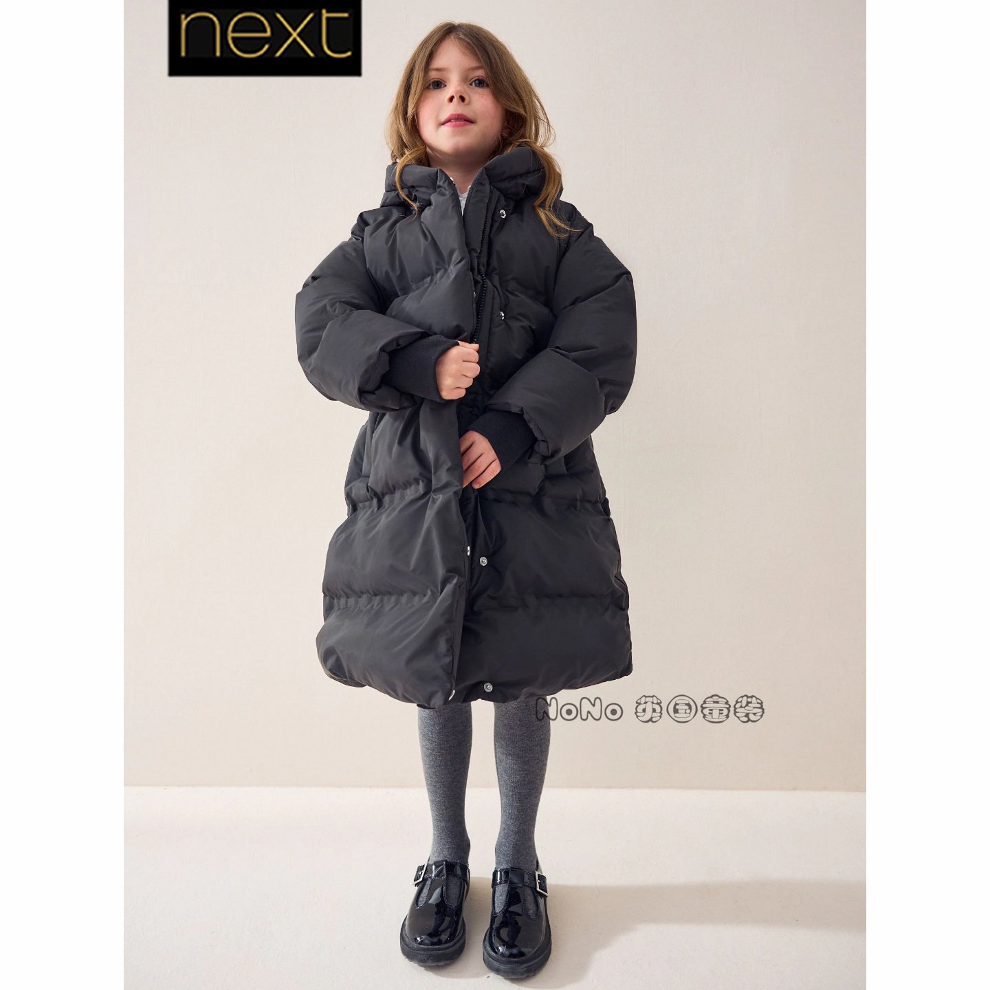 英国Next代购女大童亲子黑色外套加厚长款棉服防雨雪学院AN6-398