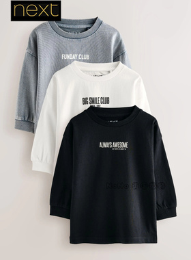 英国Next正品代购男童纯棉黑白灰色字母长袖T恤运动衫三件F15-520