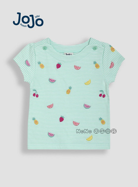 现货英国Jojo Maman Bebe女童绿色条纹西瓜凤梨刺绣短袖T恤纯棉