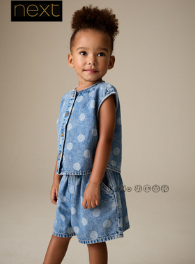 英国Next女童新款蓝色牛仔T恤上衣圆点短裤全棉套装1-7岁H51-516