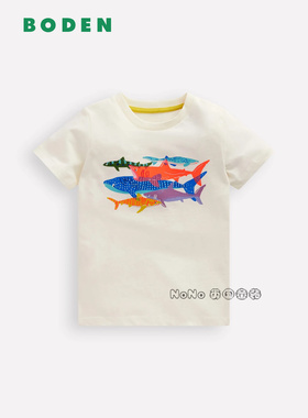 代购英国Mini BODEN25款儿童白色鲨鱼海洋印花短袖T恤纯棉3-10岁