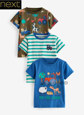 现货英国Next正品男童绿蓝色农场刺绣短袖T恤运动衫三件E26-082